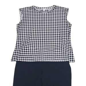 Liz Claiborne Cutout Neck Blouse Silver Accent Short Sleeve Checkered Print Top